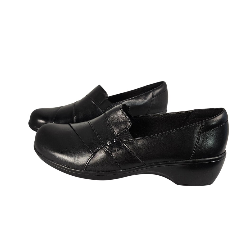 Clarks May Marigold Black Leather Slip On Loafer Wedge Shoes 11 W Wide Comfort